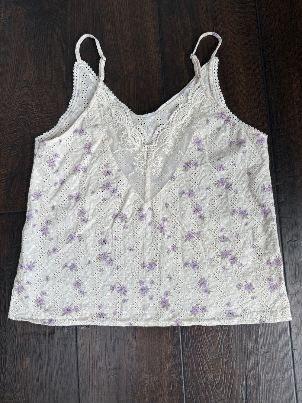 Easy Clothes Lace-Trim White Floral Camisole with Lavender Print 💯 cotton Small
